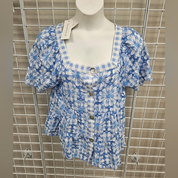 GRAND & GREENE Checkered Floral Embroidered Top NWT - Picture 3 of 8